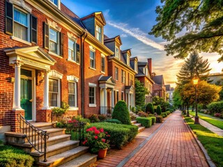 Obraz premium Charming brick houses line a quiet suburban street, showcasing classic architectural details.