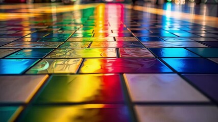 The floor is a mosaic of colorful tiles each one representing a different type of quark that the gluon glue is able to bond together.