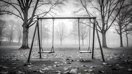 A haunting black and white photograph of an empty swing set in a foggy park surrounded by bare trees. Fallen leaves cover the ground, enhancing the melancholic and mysterious atmosphere of the scene.