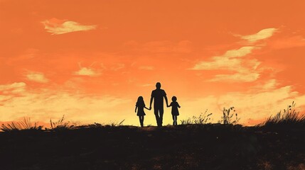 Silhouette of a father and his two daughters walking hand-in-hand at sunset.