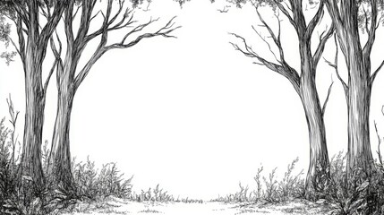 Pen sketch of two large trees framing a clearing.  A serene, minimalist nature scene.