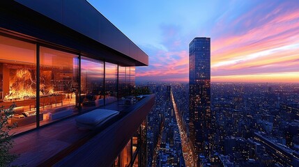 Fototapeta premium A stunning cityscape at sunset from a modern balcony overlooking the skyline.