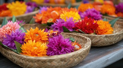 Colorful Floral Arrangement in Woven Baskets on Wooden Surface