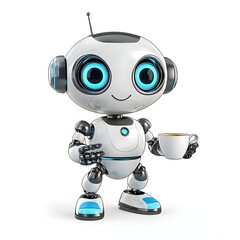 Cute Friendly Robot Holding a Coffee Cup in a Cheerful Pose