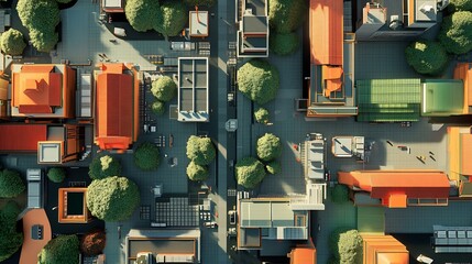 Aerial view of a city with low-poly buildings and green spaces.