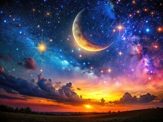 Naklejka premium Crescent moon graces a surreal starry night, celestial bodies dancing in astronomical wonder.