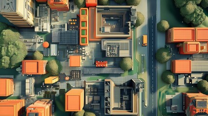 Aerial view of a city with buildings, roads, and trees.