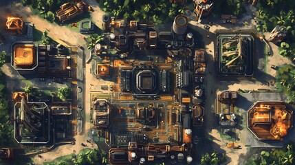 Aerial view of a futuristic industrial complex nestled in a green landscape.