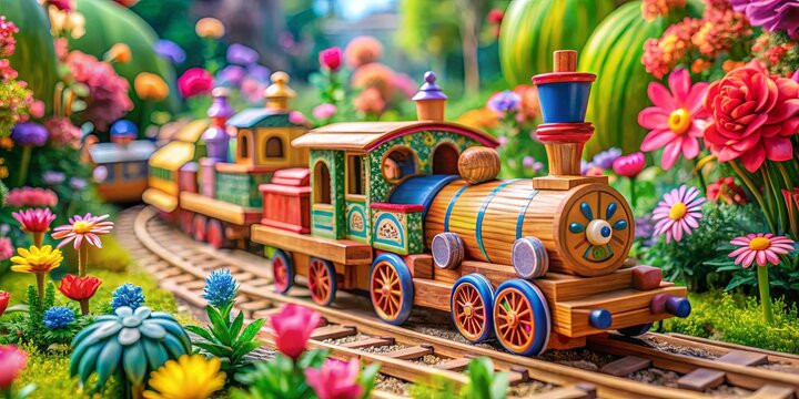 Whimsical Wooden Toy Train Chugging Through a Vibrant Floral Landscape