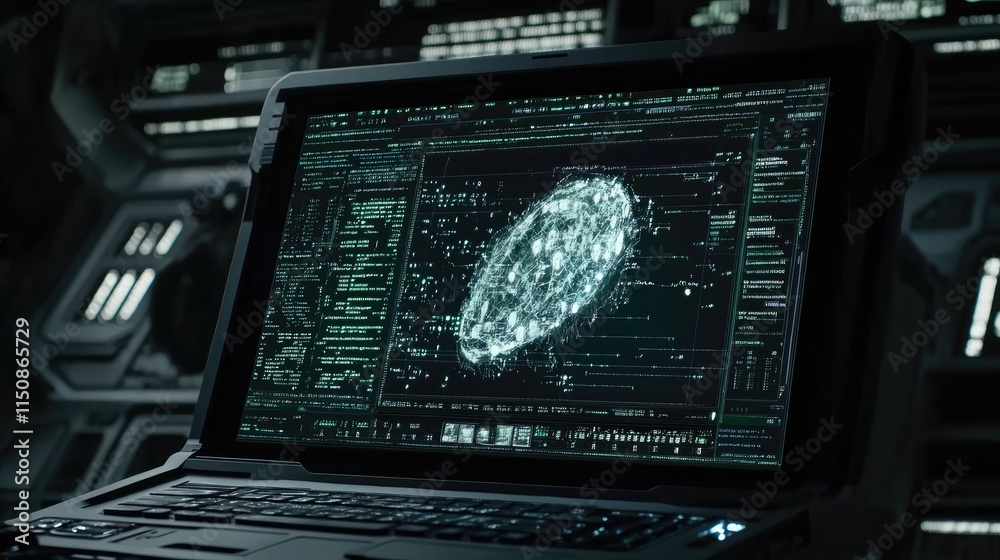 Poster futuristic laptop displaying complex data visualization in space
