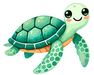 Hand drawn watercolor painting of a kawaii turtle in childish style. Vector illustration isolated on white background
