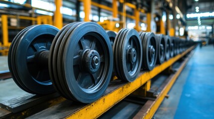 Obraz premium Industrial Factory Production Line with Steel Wheels on Rails