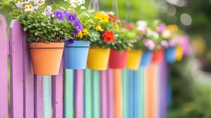 Colorful Flower Pots Hanging on a Vibrant Wooden Fence
