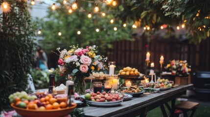 Fototapeta premium Outdoor Evening Reception with Food, Flowers, and Fairy Lights