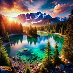 A lake in the middle of a forest with big mountains.