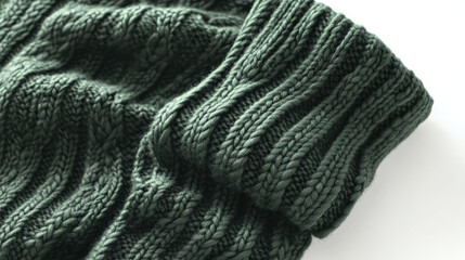 A high-definition detailed photograph of a chunky knit sweater with a cable-knit pattern, colored in deep forest green, perfectly placed on a pure white background. The sweater appears soft