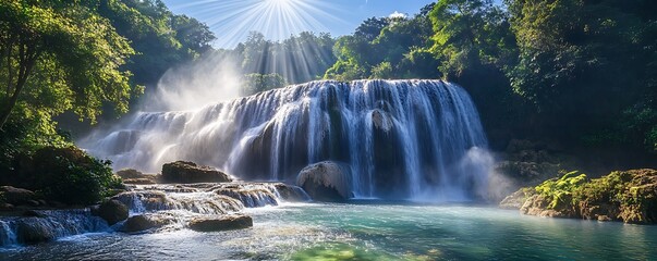 A sparkling waterfall surrounded by lush greenery and sunlight beams