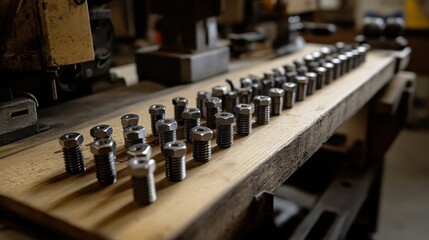 Naklejka premium Close-Up of Metallic Bolts Arranged Neatly on Wooden Surface