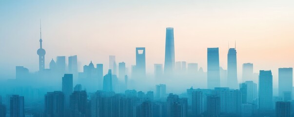 Fototapeta premium A serene city skyline at dawn, shrouded in mist with tall buildings silhouetted against a pale blue sky.
