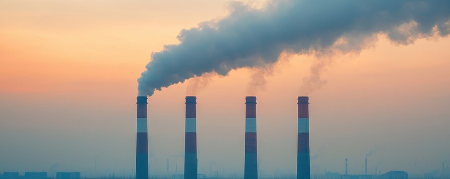 A smoky skyline at sunset features industrial chimneys releasing pollution into the air, highlighting environmental concerns.