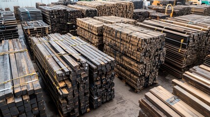 Stacks of Lumber in Wood Yard with Pallets and Planks Arranged Neatly