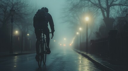 Cyclist riding a bike on a foggy road at night.