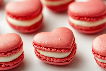Fototapeta premium Close-up of red heart-shaped macarons filled with cream