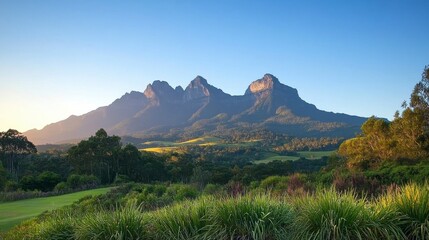 Fototapeta premium Scenic Mountain Landscape at Sunrise with Lush Greenery and Clear Blue Sky Showcasing Natural Beauty and Serenity of the Outdoors