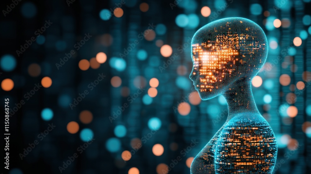 Poster digital humanoid, ai, binary code blur background