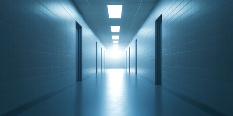 Fototapeta premium Long, empty corridor with doors and bright light at the end.