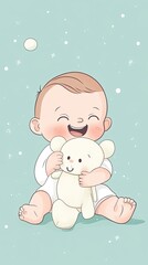 Happy Baby Hugging a Soft White Teddy Bear