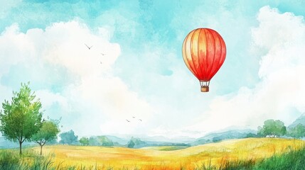 Obraz premium Red hot air balloon floats serenely over a picturesque watercolor landscape.