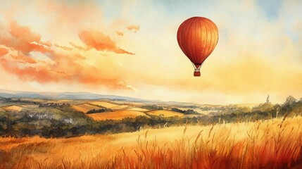 Obraz premium Serene sunset view with a hot air balloon gently floating over golden fields.