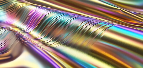 Smooth holographic foil reflecting a spectrum of rainbow colors with a sleek metallic finish