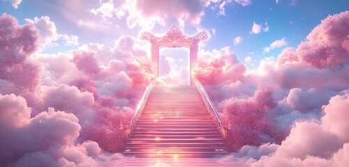 Shimmering,stairs,leading,to,a,divine,gate,surrounded,by,pink,and,clouds,,