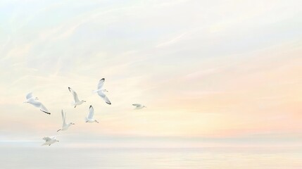 Obraz premium Serene Sunrise Over Calm Waters with Flying Birds in the Sky