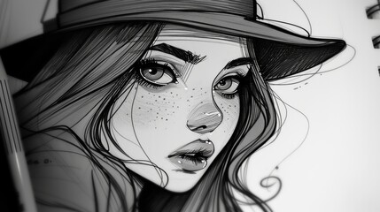 Monochrome drawing of a young woman with freckles, wearing a hat, looking directly at the viewer.