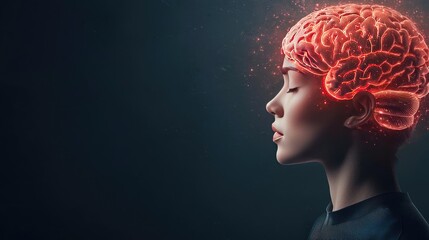 Fototapeta premium Depression disease concept. A woman with a glowing brain symbolizing creativity and mental clarity.