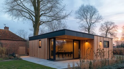 Fototapeta premium Modern wooden house with large windows in natural surroundings