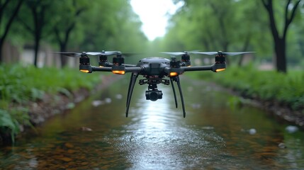 Drone flying over a narrow waterway in a park.