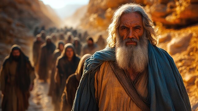 Moses leads - depiction of biblical journey of Jews through he desert, symbolizing faith, perseverance, divine guidance, central to religion, enduring lessons of Bible teachings.