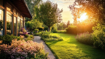 Obraz premium Serene Garden with Colorful Flowers and Sunset Near Cozy Cottage