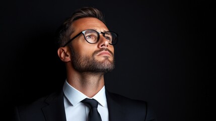Confident Businessman: Portrait of a handsome man in a suit and glasses, looking upward with a thoughtful and determined expression against a dark background.  