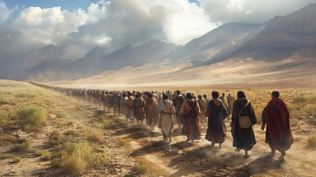 Moses leads - depiction of biblical journey of Jews through he desert, symbolizing faith, perseverance, divine guidance, central to religion, enduring lessons of Bible teachings.