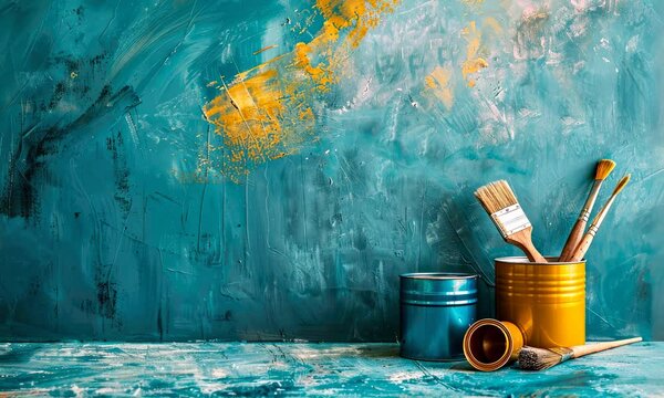 Colorful, abstract painting tools on vibrant background