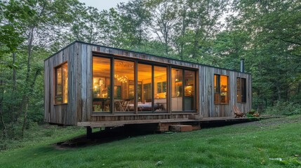 Obraz premium Modern Wooden Cabin Surrounded by Greenery in Nature Setting