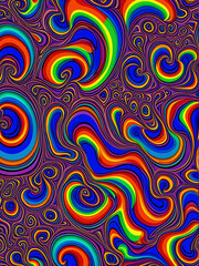 Obraz premium Seamless psychedelic rainbow ridged topological map pattern background texture. Trippy hippy abstract wavy swirls dopamine dressing style fashion motif. Bright colorful neon retro wall. IMAGE 2025