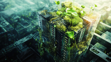 Abstract Cube of Server Blades Merging with Moss, Leaves, and Roots, Highlighting Eco-Friendly Technological Integration