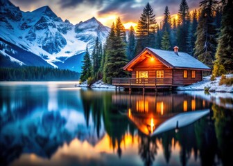 Fototapeta premium High-resolution image: Cozy cabin nestled in a snowy wonderland, mountains reflected in a tranquil lake.