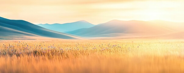 Obraz premium Serene nature idea. A serene landscape with golden grass fields and gentle mountains in the background.